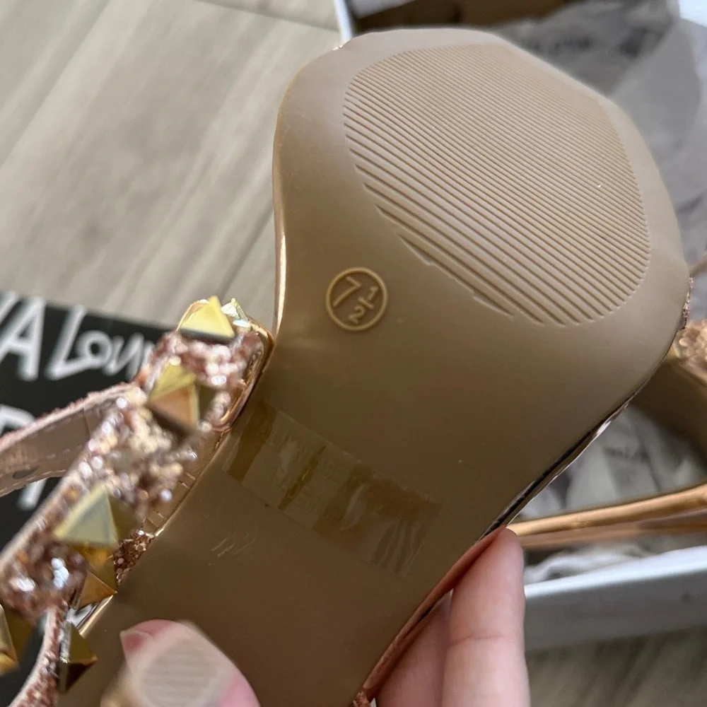 Wild Diva Lounge Rose Gold Strappy Studded High Heels 7.5 New